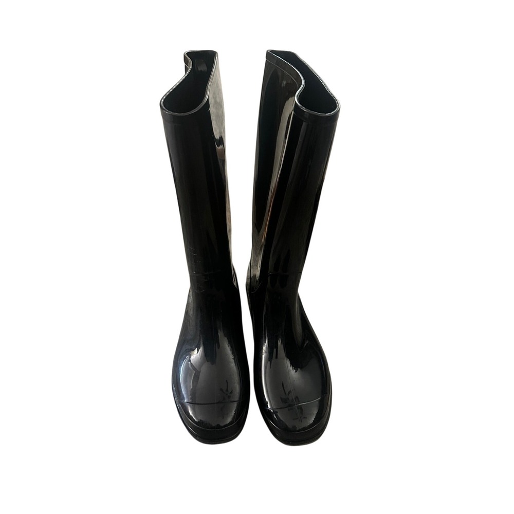 Womens Black Glossy Rain Boots Tall Wellington Waterproof Lug Sole Size 9W